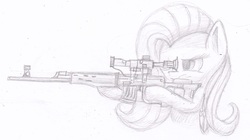 Size: 1489x833 | Tagged: safe, artist:suplolnope, fluttershy, pegasus, pony, g4, dragunov, female, flutterbadass, gun, hooves, mare, monochrome, one eye closed, optical sight, rifle, scope, sketch, sniper rifle, snipershy, sniperskya vintovka dragunova, solo, svd, traditional art, weapon, wings