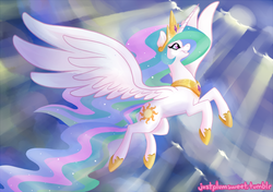 Size: 700x494 | Tagged: safe, artist:justplumsweet, princess celestia, g4, female, flying, solo