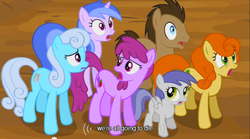 Size: 640x355 | Tagged: safe, edit, edited screencap, screencap, berry punch, berryshine, carrot top, doctor whooves, golden harvest, linky, sea swirl, seafoam, shoeshine, time turner, tornado bolt, g4, it's about time, caption, scared, technically correct, worried, youtube caption