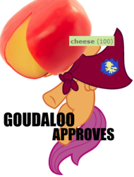 Size: 877x1152 | Tagged: safe, scootaloo, pegasus, pony, g4, cheese, cheese hat, derpimilestone, female, filly, foal, gouda, hat, meta, milestone, simple background, solo, transparent background