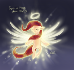 Size: 1136x1084 | Tagged: safe, artist:avui, oc, oc only, earth pony, pony, angelic wings, eyes closed, female, filly, halo, heart, in memoriam, in memory of kiki havivy, kiki, kiki havivy, ponysona, rest in peace, solo