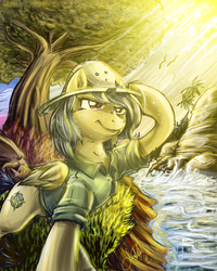 Size: 1536x1921 | Tagged: safe, artist:jadedjynx, daring do, pegasus, pony, g4, action pose, crepuscular rays, female, mare, scenery, solo, water