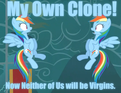 Size: 1067x820 | Tagged: safe, edit, edited screencap, screencap, fluttershy, rainbow dash, pegasus, pony, g4, blue text, caption, double rainbow, female, image macro, implied flutterdash, implied lesbian, implied sex, implied shipping, mare, now neither of us will be virgins, selfcest