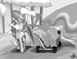 Size: 800x615 | Tagged: safe, artist:the-bigfriendlyninja, princess celestia, twilight sparkle, pony, unicorn, g4, cart, dead, female, magic, mare, monochrome, telekinesis, wagon, wat