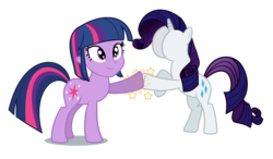 Size: 1903x1112 | Tagged: safe, artist:php50, rarity, twilight sparkle, hybrid, pony, unicorn, human head pony, equestria girls, g4, abomination, body part swap, butt, buttface, butthead, cursed image, duo, duo female, face swap, female, head swap, hoofbump, missing horn, not salmon, plot, rearity, simple background, smiling, stars, transparent background, vector, wat, what has magic done, what has science done, wtf