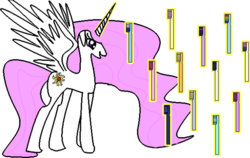 Size: 600x379 | Tagged: safe, artist:youwillneverkno, princess celestia, alicorn, pony, g4, female, mare, pink-mane celestia, simple background, solo, toothbrush, transparent background