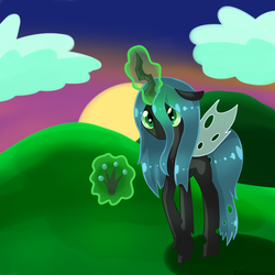 Size: 894x894 | Tagged: dead source, safe, artist:dinneroll, queen chrysalis, changeling, changeling queen, g4, crown, cute, cutealis, female, levitation, looking at you, magic, solo, telekinesis
