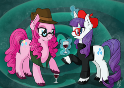 Size: 1580x1121 | Tagged: safe, artist:rastaquouere69, pinkie pie, rarity, g4, beatnik rarity, beret, clothes, fashion, glasses, hat, hipster, trilby, unshorn fetlocks, wine