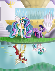 Size: 1696x2195 | Tagged: safe, artist:xeladuart, princess celestia, twilight sparkle, oc, oc:fausticorn, alicorn, pony, g4, female, lauren faust, mare, reflection, role reversal, twilight sparkle (alicorn)