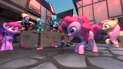 Size: 1600x900 | Tagged: safe, artist:stormtrooper1701, berry punch, berryshine, derpy hooves, fluttershy, lyra heartstrings, pinkie pie, rainbow dash, scootaloo, pegasus, pony, g4, 3d, female, fireworks, gmod, mare