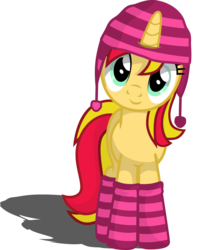 Size: 3463x4400 | Tagged: safe, artist:halcoon-145, sunset shimmer, pony, unicorn, g4, clothes, female, hat, looking at you, socks, sockset shimmer, solo, striped socks