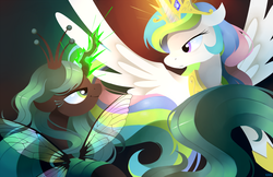 Size: 1920x1242 | Tagged: safe, artist:karzahnii, princess celestia, queen chrysalis, alicorn, changeling, changeling queen, pony, g4, crown, cute, cutealis, cutelestia, duality, duo, duo female, female, glowing, glowing horn, horn, insect wings, jewelry, looking at each other, magic, multicolored mane, regalia, transparent wings, wings