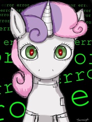 Size: 768x1024 | Tagged: safe, artist:shirinuigod, sweetie belle, pony, robot, unicorn, g4, error, female, filly, foal, horn, looking at you, red eyes, solo, sweetie bot, text