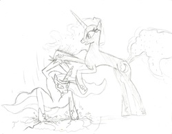 Size: 2189x1700 | Tagged: safe, artist:demonioblanco, nightmare moon, princess celestia, g4, monochrome, punch