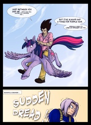 Size: 945x1299 | Tagged: safe, artist:blue-uncia, twilight sparkle, alicorn, pony, g4, anime, comic, crossover, dragon ball, dragon ball z, female, flying, future trunks, implied incest, mare, riding, trunks (dragon ball), twilight sparkle (alicorn), vegeta