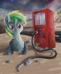 Size: 5072x6137 | Tagged: safe, artist:owlvortex, artist:php87, oc, oc only, oc:wheely bopper, original species, wheelpone, absurd resolution, blushing, colored, gas pump, highway, implied insertion, solo