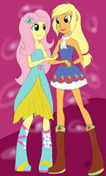 Size: 756x1260 | Tagged: safe, artist:werewolf, applejack, fluttershy, equestria girls, g4, bare shoulders, clothes, dress, female, humanized, lesbian, missing accessory, ship:appleshy, shipping, sleeveless, strapless