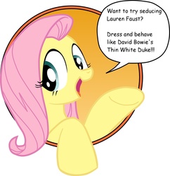 Size: 2000x2063 | Tagged: safe, idw, fluttershy, friendship is magic #3, g4, my little pony: friendship is magic (idw), bad advice fluttershy, comic sans, david bowie, exploitable meme, female, lauren faust, meme, solo, text, thin white duke