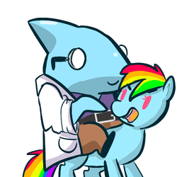 Size: 500x500 | Tagged: safe, artist:mt, rainbow dash, pony, shark, g4, crossover, female, mare, riding, scientist, skullgirls, stanley whitefin