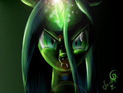 Size: 2000x1500 | Tagged: safe, artist:jadedjynx, queen chrysalis, changeling, changeling queen, g4, female, glowing, glowing horn, horn, solo