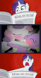 Size: 1210x2299 | Tagged: safe, rarity, spike, sweetie belle, pony, unicorn, g4, ponyville confidential, blushing, female, horn, i'll destroy her, kissing, mare, meme, open mouth, ship:spikebelle, shipping
