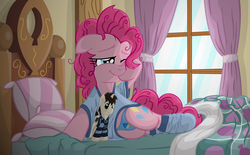 Size: 4402x2722 | Tagged: safe, artist:template93, pinkie pie, oc, pony, g4, bed, bed hair, blue underwear, clothes, cupcake underwear, cute, diapinkes, female, high res, messy mane, morning ponies, pajamas, panties, plushie, silly panties, sleepy, socks, solo, underwear