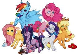 Size: 2131x1525 | Tagged: safe, artist:taokaka, applejack, fluttershy, pinkie pie, rainbow dash, rarity, twilight sparkle, g4, mane six, pixiv