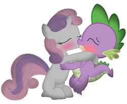 Size: 1106x909 | Tagged: safe, artist:dr-siren, spike, sweetie belle, dragon, pony, unicorn, g4, blushing, duo, eyes closed, female, filly, kiss on the lips, kissing, male, ship:spikebelle, shipping, simple background, straight, white background