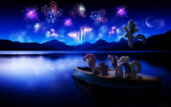 Size: 1920x1200 | Tagged: safe, artist:bryal, fluttershy, pinkie pie, rainbow dash, twilight sparkle, earth pony, pegasus, pony, unicorn, g4, boat, cloud, female, fireworks, flying, lake, moon, night, smiling, unicorn twilight, water