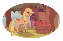 Size: 760x498 | Tagged: safe, artist:nevermor-e, applejack, g4, apple, barn, barrel, eyes closed, female, simple background, solo, transparent background, tree, unshorn fetlocks