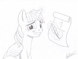 Size: 3308x2508 | Tagged: safe, artist:klarkkentthe3rd, twilight sparkle, alicorn, pony, g4, female, magic, mare, monochrome, quill, scroll, sketch, solo, twilight sparkle (alicorn)