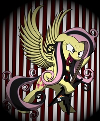 Size: 1976x2386 | Tagged: safe, alternate version, artist:friendshipismetal777, fluttershy, pegasus, pony, g4, abstract background, electric guitar, emoshy, female, guitar, metal, metalhead, music, musical instrument, rainbow dash's cutie mark, solo, striped background, tongue out