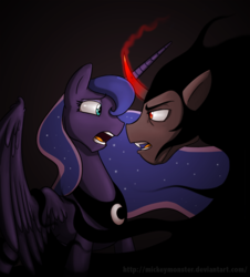 Size: 756x836 | Tagged: safe, artist:mickeymonster, king sombra, princess luna, alicorn, pony, umbrum, g4, close-up, dark, duo, eye contact, female, looking at each other, male, mare, scared, stallion