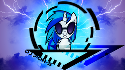 Size: 1920x1080 | Tagged: safe, artist:zoxxiify, dj pon-3, vinyl scratch, pony, unicorn, g4, female, glasses, horn, mare, smiling, solo, sunglasses, teeth, text, vector, wallpaper