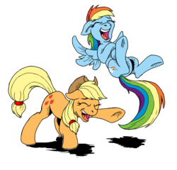 Size: 900x863 | Tagged: safe, artist:sonicpegasus, applejack, rainbow dash, earth pony, pegasus, pony, g4, duo, duo female, eyes closed, female, flying, hooves on chest, laughing, mare, open mouth, pointing, spread wings, standing, wings