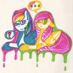 Size: 1024x1014 | Tagged: source needed, safe, artist:tenakinn, fluttershy, rainbow dash, g4, melting, traditional art