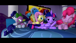 Size: 1920x1080 | Tagged: dead source, safe, artist:dakkiller, applejack, fluttershy, pinkie pie, rainbow dash, rarity, spike, twilight sparkle, dragon, pony, g4, 3d, bed, female, gmod, male, mane seven, mane six, mare, slumber party