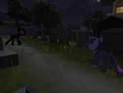 Size: 1024x768 | Tagged: safe, artist:blusweater, twilight sparkle, zombie pony, g4, 3d, clothes, dangerous mission outfit, gmod, graveyard, night