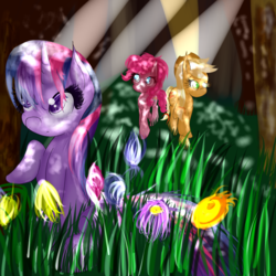 Size: 1000x1000 | Tagged: safe, artist:fimirae, applejack, pinkie pie, twilight sparkle, earth pony, pony, unicorn, g4, female, flower, forest, mare