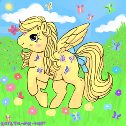 Size: 400x400 | Tagged: safe, artist:foxtribe, dancing butterflies, butterfly, pegasus, pony, g1, bow, female, flower, oekaki, solo, tail bow, twice as fancy ponies