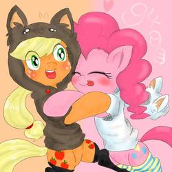 Size: 500x500 | Tagged: safe, artist:wonton soup, applejack, pinkie pie, cat, g4, applecat, cat hoodie, cat's pajamas, clothes, costume, glomp, hoodie, hug, pajamas, socks, striped socks