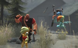 Size: 1680x1050 | Tagged: safe, applejack, rainbow dash, g4, 3d, gmod, heavy (tf2), racing, scout (tf2), team fortress 2