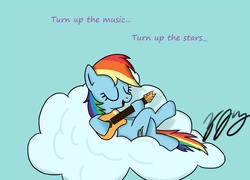 Size: 1111x800 | Tagged: safe, artist:projectfreeism, rainbow dash, g4, cloud, female, guitar, singing, solo