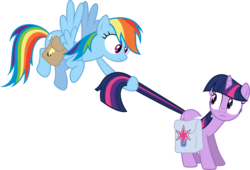 Size: 7000x4747 | Tagged: safe, artist:powerpuncher, rainbow dash, twilight sparkle, pegasus, pony, unicorn, g4, games ponies play, absurd resolution, duo, female, flying, mare, saddle bag, simple background, tail pull, transparent background, unicorn twilight, vector