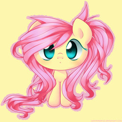 Size: 2700x2700 | Tagged: safe, artist:oathkeeper21, fluttershy, pegasus, pony, g4, chibi, female, looking at you, messy mane, simple background, solo, starry eyes, wingding eyes, yellow background