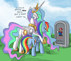 Size: 1105x949 | Tagged: safe, princess celestia, rainbow dash, alicorn, pegasus, pony, g4, bitchlestia, butt, celestia's grave meme, crossover, crying, exploitable meme, female, grave, implied death, luigi's mansion, male, mare, mario, meme, plot, super mario