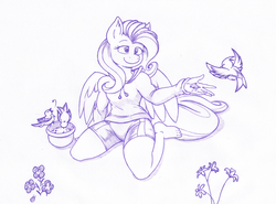 Size: 1128x834 | Tagged: safe, artist:joey darkmeat, fluttershy, bird, anthro, plantigrade anthro, g4, barefoot, feeding, feet, female, monochrome, solo, traditional art