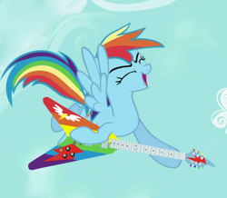 Size: 800x699 | Tagged: safe, artist:wulfolme, rainbow dash, g4, awesome, female, flying, guitar, solo