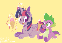 Size: 2044x1414 | Tagged: dead source, safe, artist:ponett, spike, twilight sparkle, alicorn, dragon, pony, g4, cute, ear fluff, gem, glowing horn, happy, horn, ice cream, smiling, spikabetes, twiabetes, twilight sparkle (alicorn)