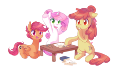 Size: 900x520 | Tagged: safe, artist:pekou, apple bloom, scootaloo, sweetie belle, earth pony, pegasus, pony, unicorn, g4, alternate hairstyle, book, commissioner:lionel23, cutie mark crusaders, hair bun, hammer, older, pencil, table